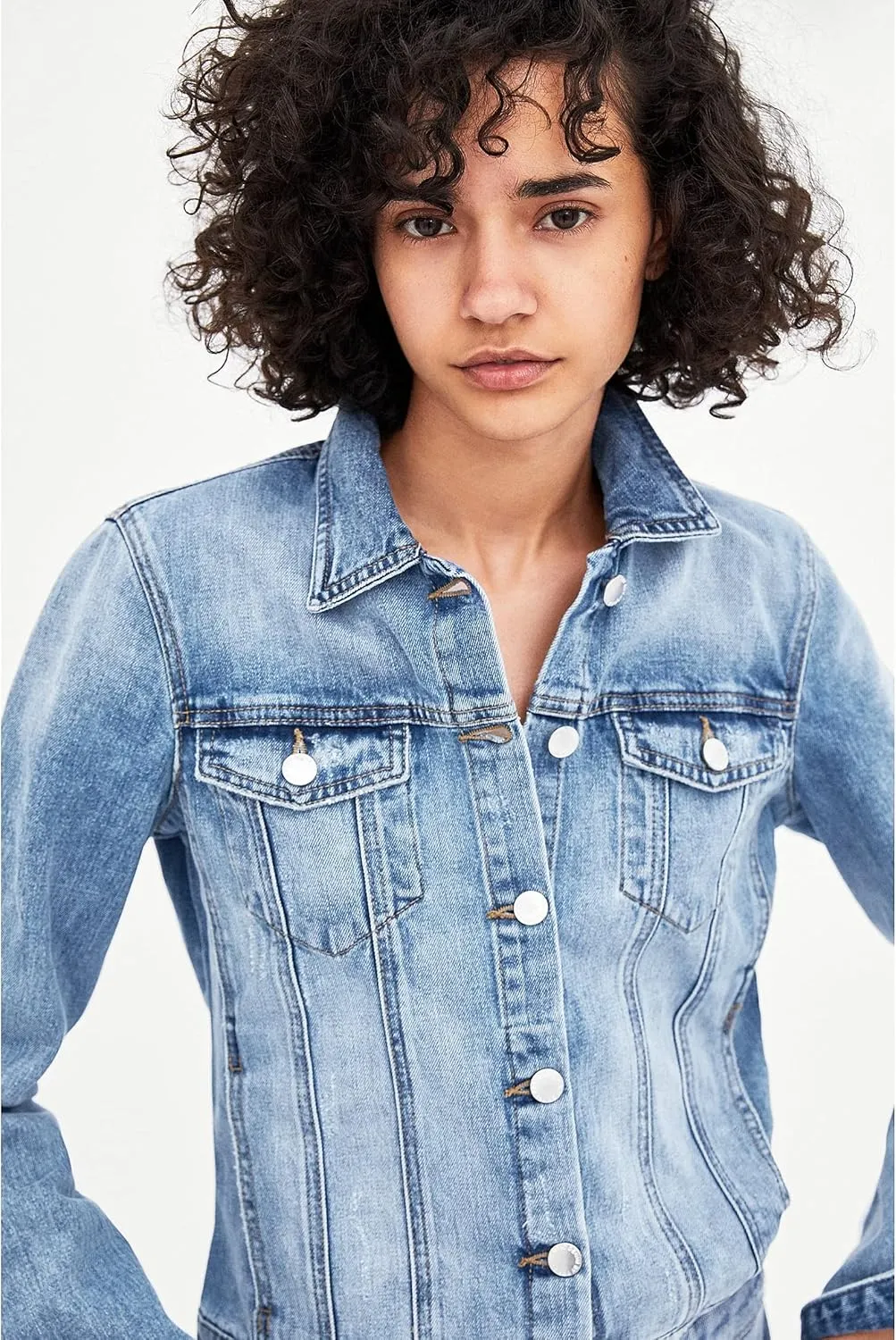 Khanomak Classic Denim Jean Buttoned Front Long Sleeve Basic Collar Cotton Jacket