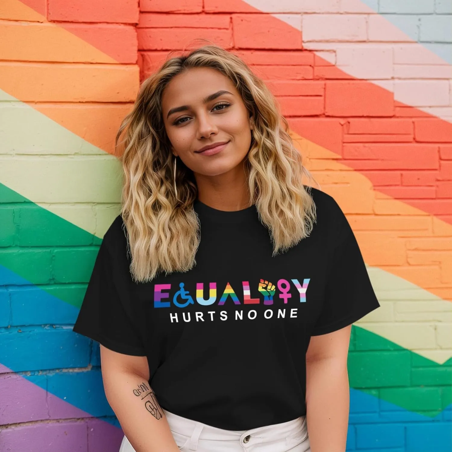 KIEKIECOO Pride Shirts LGBTQ Equality Hurts No One Shirt Womens Oversized Graphic Tees Rainbow Lesbian Tshirt Cotton Top