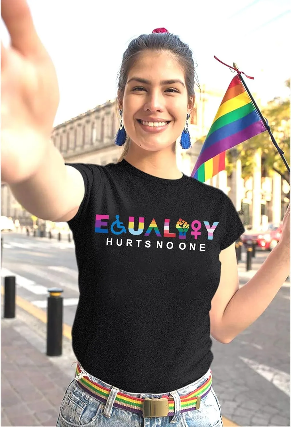KIEKIECOO Pride Shirts LGBTQ Equality Hurts No One Shirt Womens Oversized Graphic Tees Rainbow Lesbian Tshirt Cotton Top