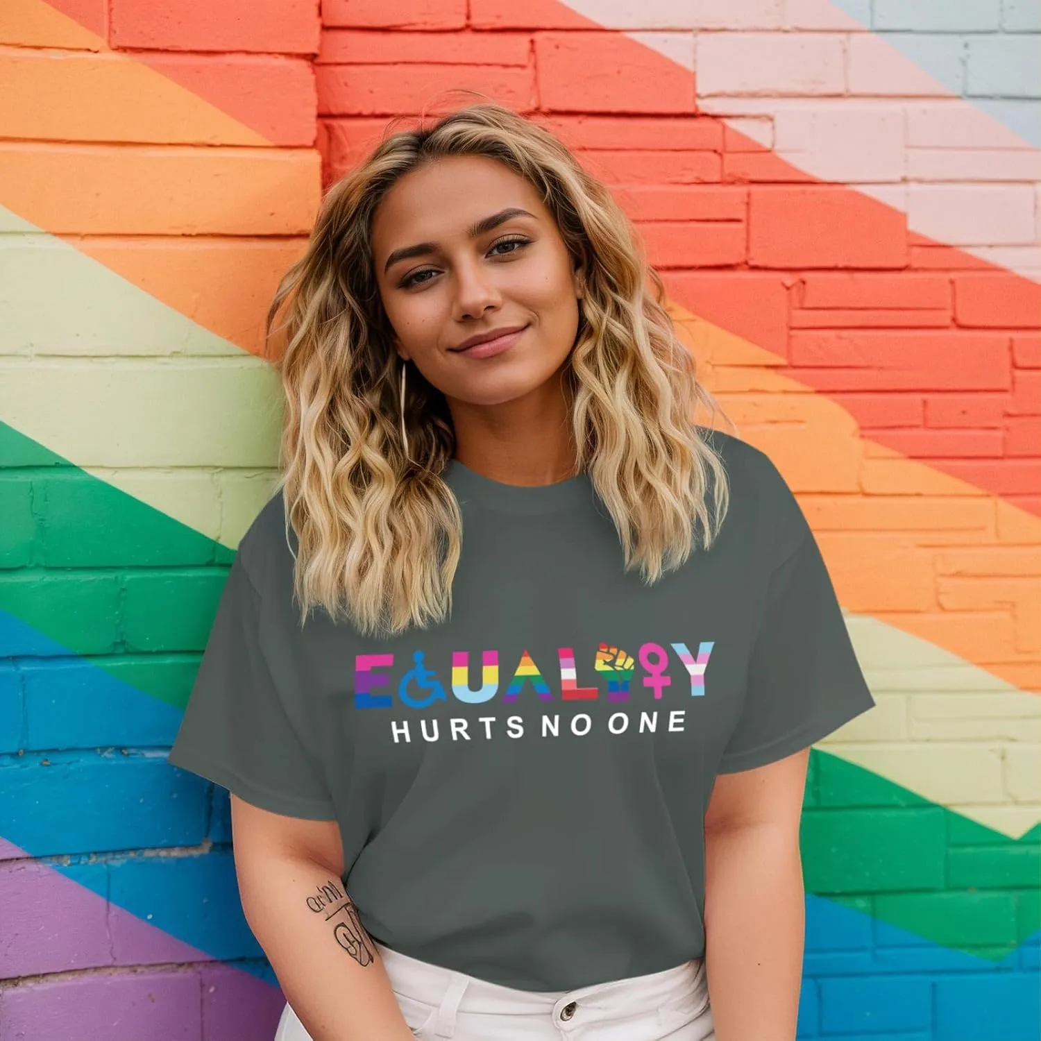 KIEKIECOO Pride Shirts LGBTQ Equality Hurts No One Shirt Womens Oversized Graphic Tees Rainbow Lesbian Tshirt Cotton Top