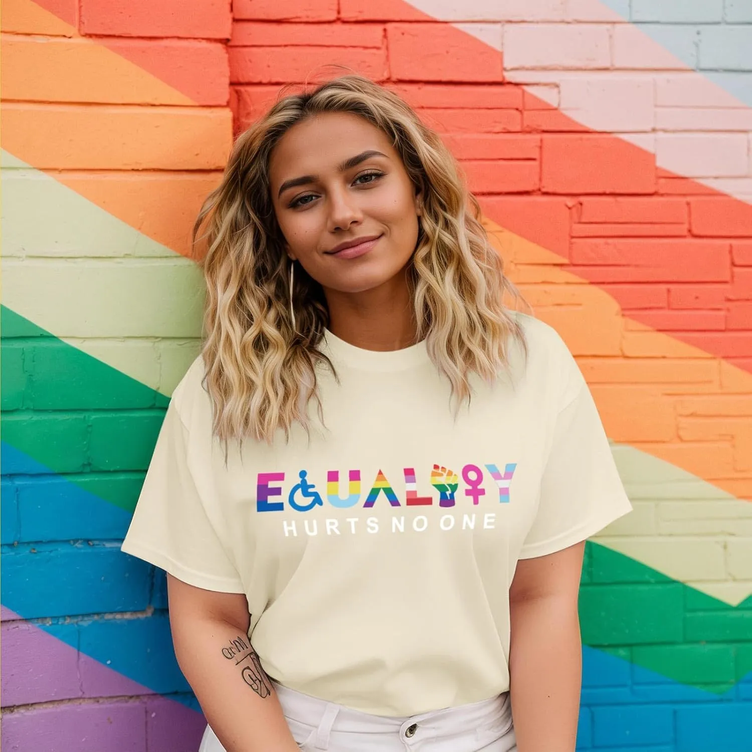 KIEKIECOO Pride Shirts LGBTQ Equality Hurts No One Shirt Womens Oversized Graphic Tees Rainbow Lesbian Tshirt Cotton Top