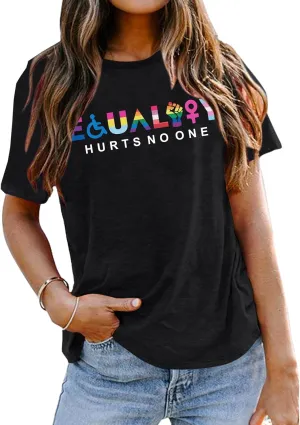 KIEKIECOO Pride Shirts LGBTQ Equality Hurts No One Shirt Womens Oversized Graphic Tees Rainbow Lesbian Tshirt Cotton Top