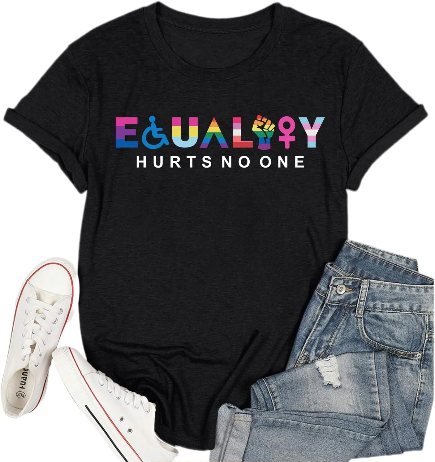 KIEKIECOO Pride Shirts LGBTQ Equality Hurts No One Shirt Womens Oversized Graphic Tees Rainbow Lesbian Tshirt Cotton Top