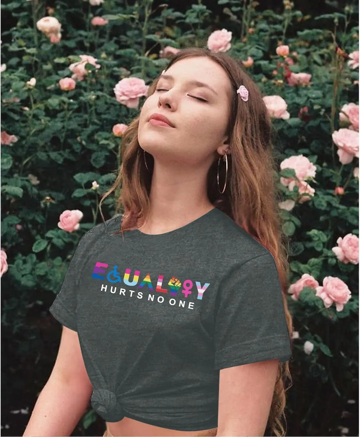KIEKIECOO Pride Shirts LGBTQ Equality Hurts No One Shirt Womens Oversized Graphic Tees Rainbow Lesbian Tshirt Cotton Top