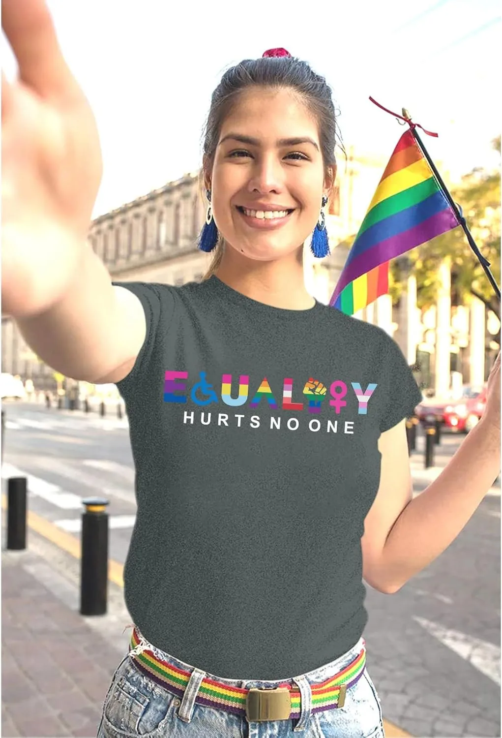 KIEKIECOO Pride Shirts LGBTQ Equality Hurts No One Shirt Womens Oversized Graphic Tees Rainbow Lesbian Tshirt Cotton Top