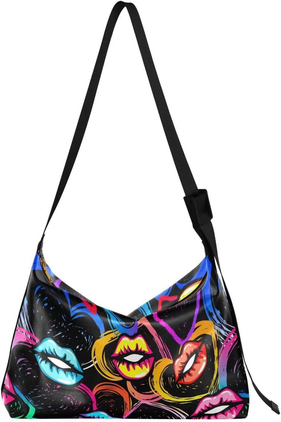 Kiss Lips Heart Hobo Crossbody Bags for Women Leather Large Shoulder Bag Cross Body Colourful Funny Lipstick Trendy Womens Tote Bags Handbag for Travel Shopping