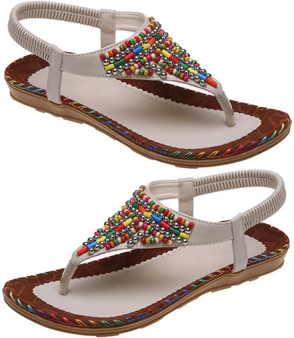 Ladies Sandals, Breathable T-Strap Non-Slip Summer Sandals with Beads Decoration Beach Slippers for Beach Outings, Shopping Trips, Vacations, Walking, Hiking, Dating