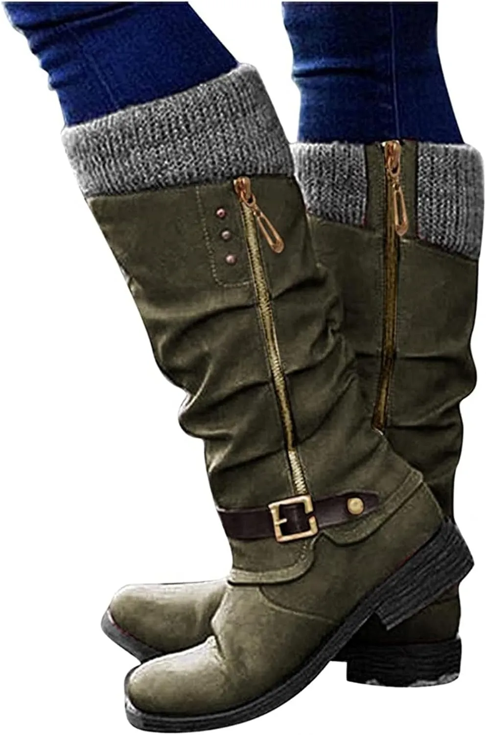 Ladmiple Cowgirl Boots Women Wide Calf Knee High Western Boots Pointed Toe Chunky Heel Stitching Pull On Cowboy Boots