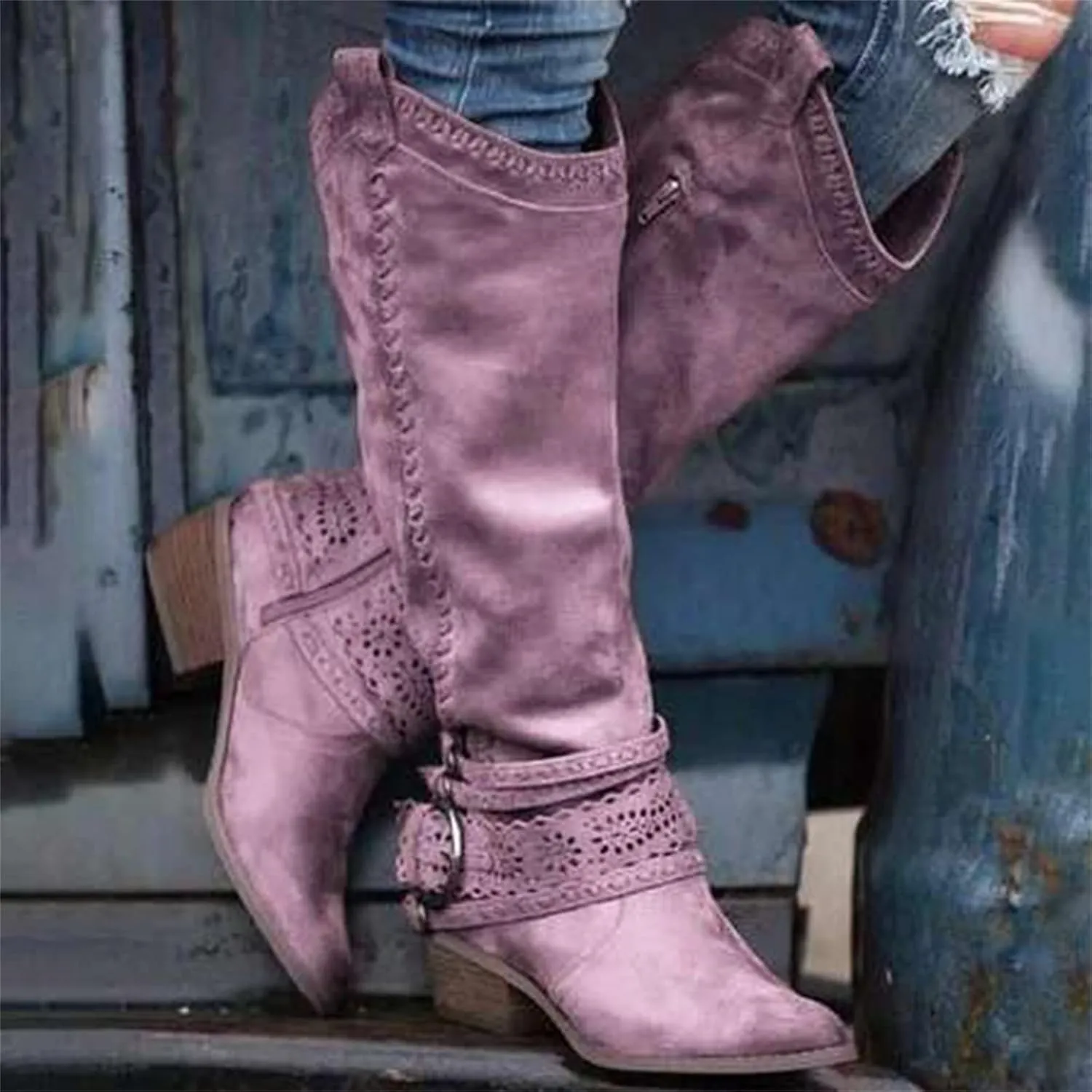 Ladmiple Cowgirl Boots Women Wide Calf Knee High Western Boots Pointed Toe Chunky Heel Stitching Pull On Cowboy Boots