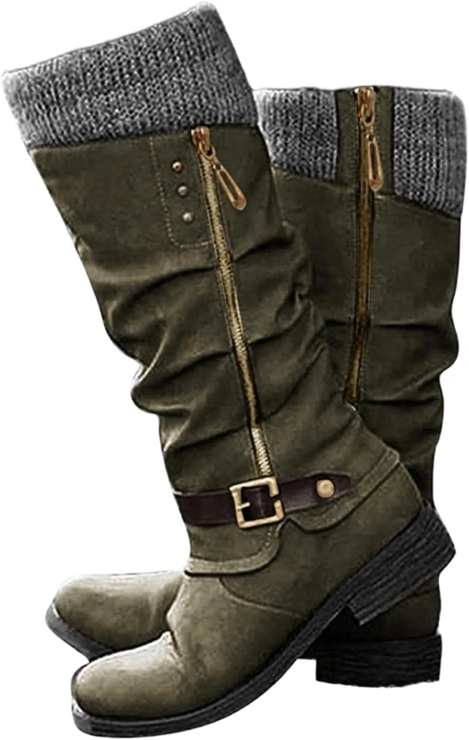 Ladmiple Cowgirl Boots Women Wide Calf Knee High Western Boots Pointed Toe Chunky Heel Stitching Pull On Cowboy Boots