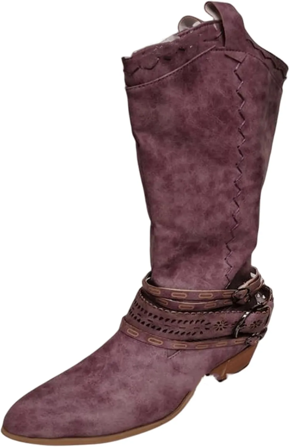 Ladmiple Cowgirl Boots Women Wide Calf Knee High Western Boots Pointed Toe Chunky Heel Stitching Pull On Cowboy Boots