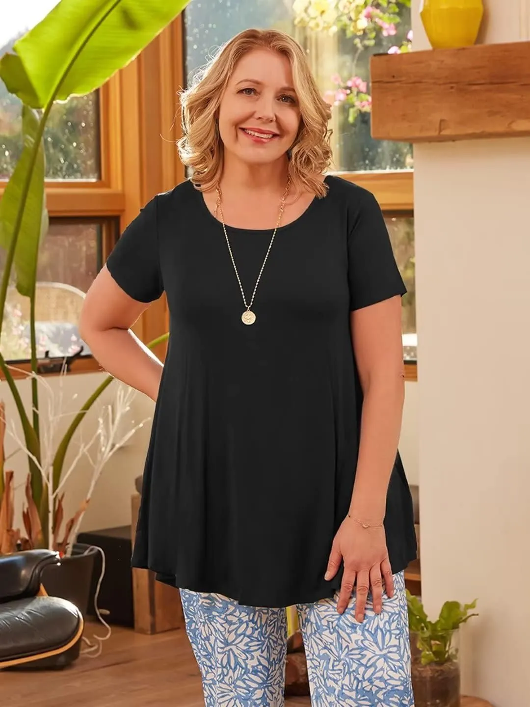 LARACE Plus Size Tops for Women Short Sleeve Shirts Casual Summer Clothes Round Neck Tunics for Leggings
