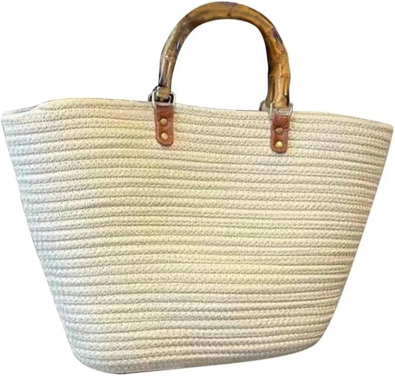 Large Capacity Tote Bag for Women Hand-Woven Straw Bag with Plastic Handle Woven Summer Tote Handbag Travel Beach