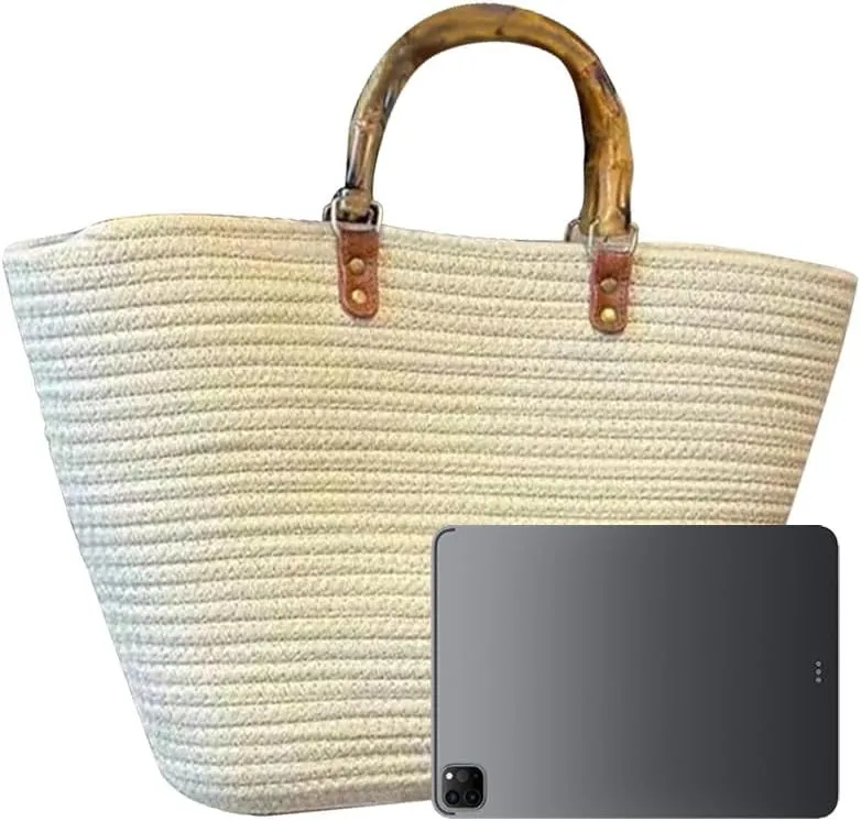 Large Capacity Tote Bag for Women Hand-Woven Straw Bag with Plastic Handle Woven Summer Tote Handbag Travel Beach