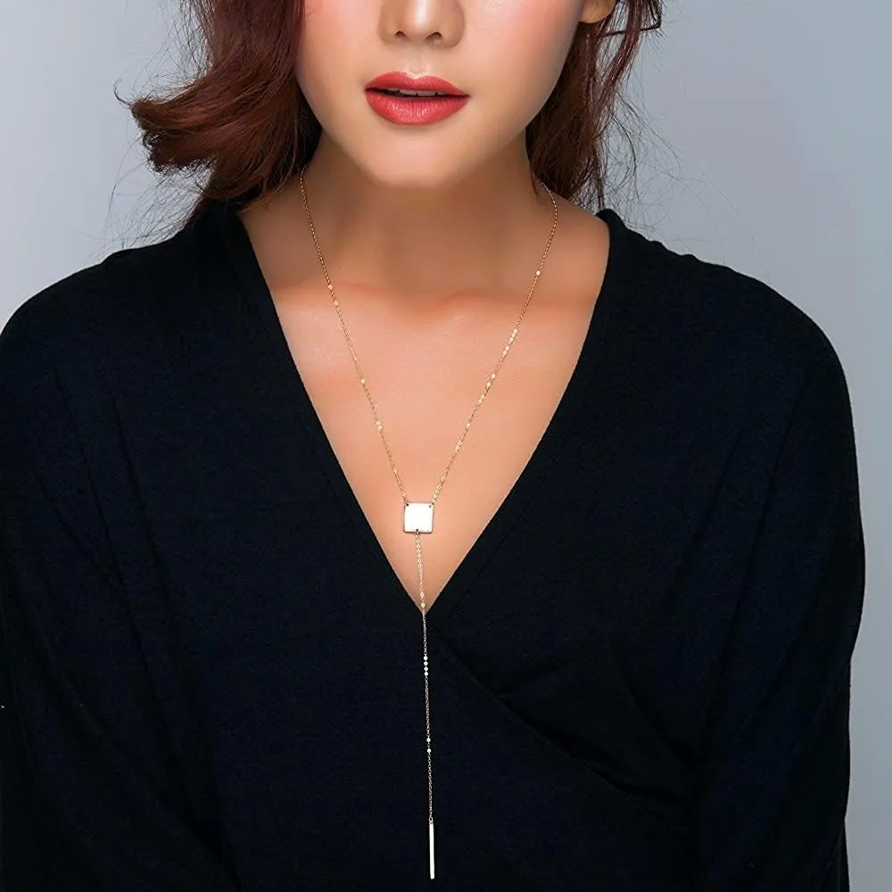 Layered Long Necklace, Gold Square Necklace and Bar Drop Lariat Y Necklace/Silver Layering Jewelry, Delicate Satellite Necklace
