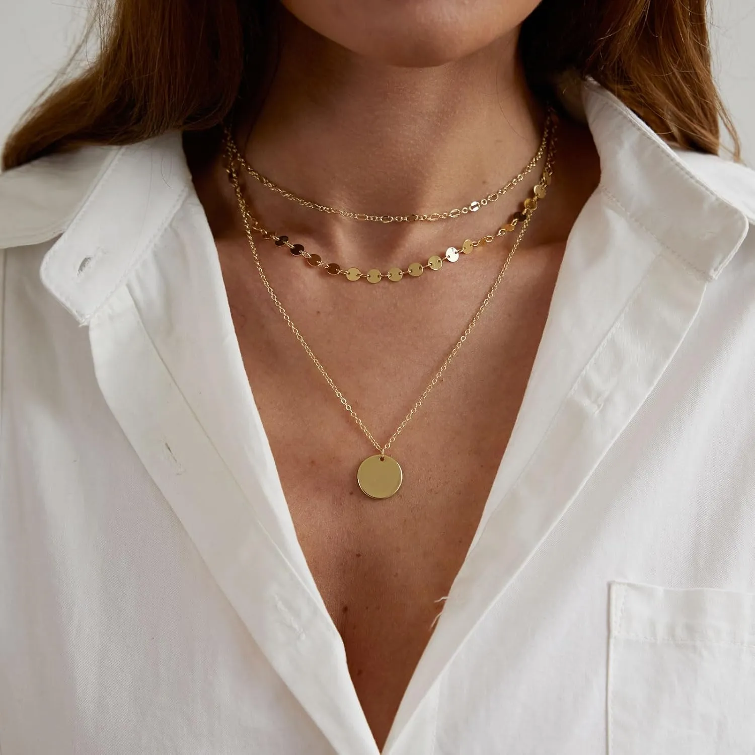 Layered Necklace for Women 14K Gold Silver Plated Dainty Choker Necklace Set Hammered Disc Coin Pearl Bar Pendant Simple Long Layering Chain Necklaces Trendy Jewelry Gifts for Women