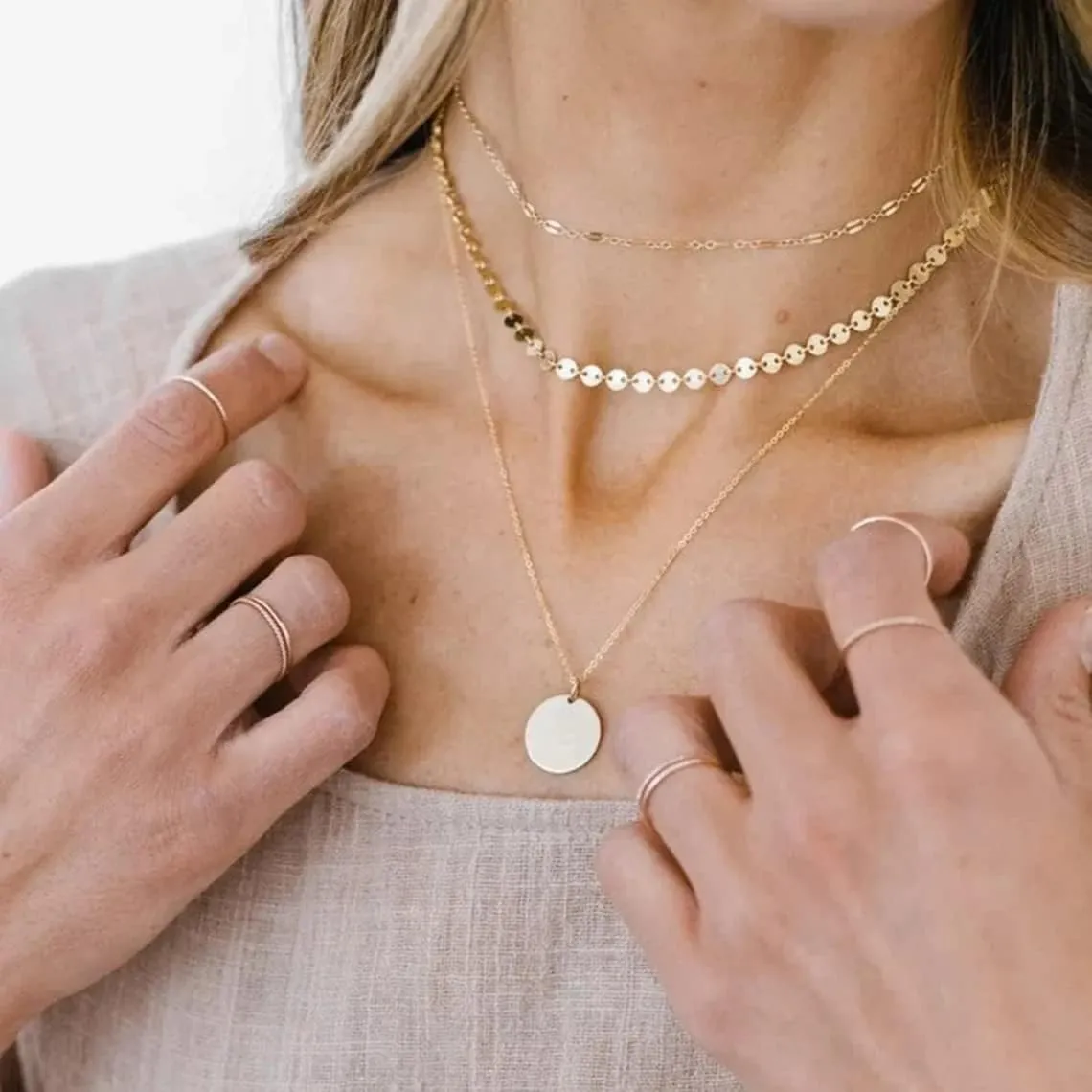 Layered Necklace for Women 14K Gold Silver Plated Dainty Choker Necklace Set Hammered Disc Coin Pearl Bar Pendant Simple Long Layering Chain Necklaces Trendy Jewelry Gifts for Women
