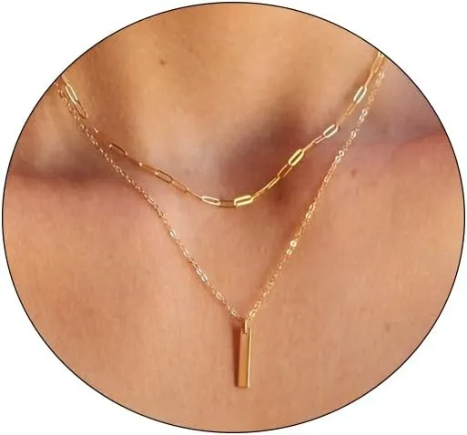 Layered Necklace for Women 14K Gold Silver Plated Dainty Choker Necklace Set Hammered Disc Coin Pearl Bar Pendant Simple Long Layering Chain Necklaces Trendy Jewelry Gifts for Women