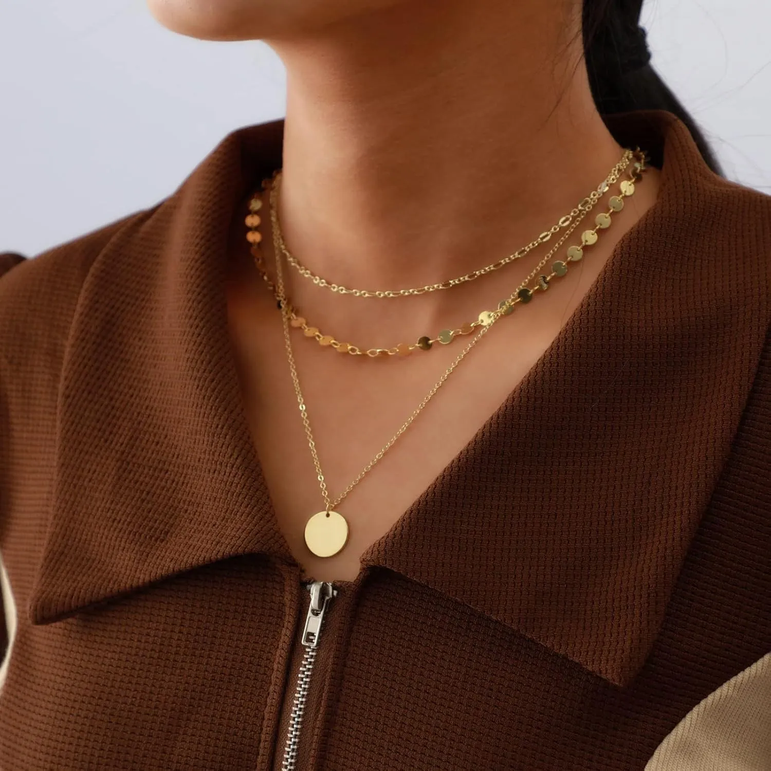 Layered Necklace for Women 14K Gold Silver Plated Dainty Choker Necklace Set Hammered Disc Coin Pearl Bar Pendant Simple Long Layering Chain Necklaces Trendy Jewelry Gifts for Women
