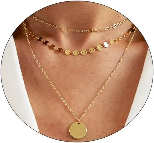 Layered Necklace for Women 14K Gold Silver Plated Dainty Choker Necklace Set Hammered Disc Coin Pearl Bar Pendant Simple Long Layering Chain Necklaces Trendy Jewelry Gifts for Women