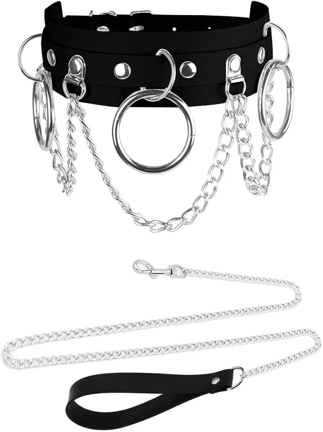 Leather Collar Choker with Chain Leash Set Punk Goth Y2K Cosplay Accessories-Three O Rings and Chains Charms