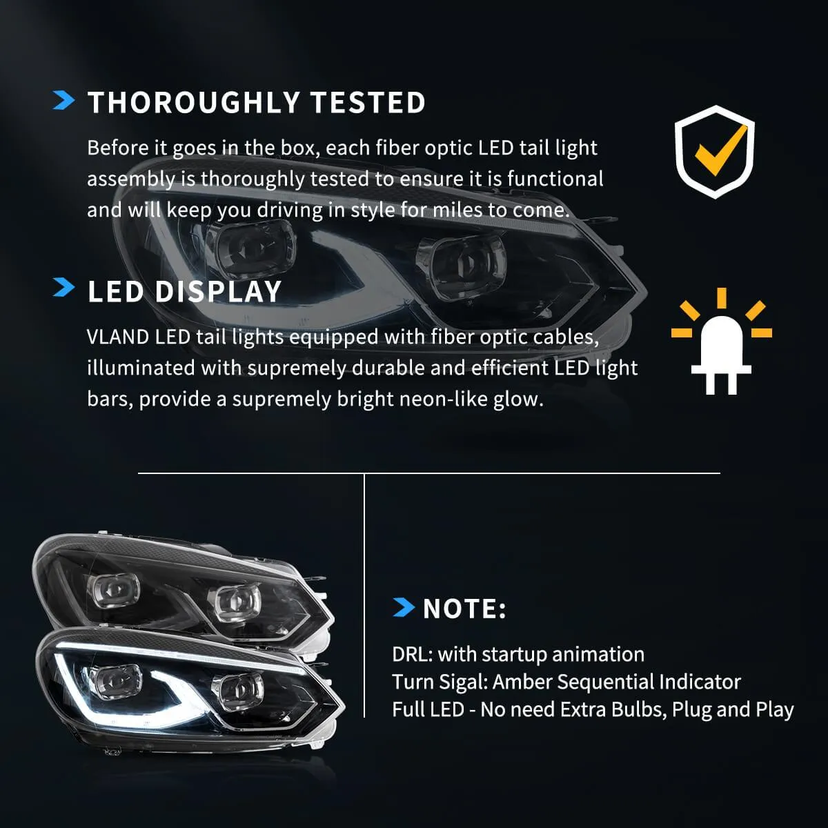 LED Headlight Assembly Dual Beam Projector Black For 2008-2014 Volkswagen Golf 6th Gen (Mk6/A6 Typ 5K）