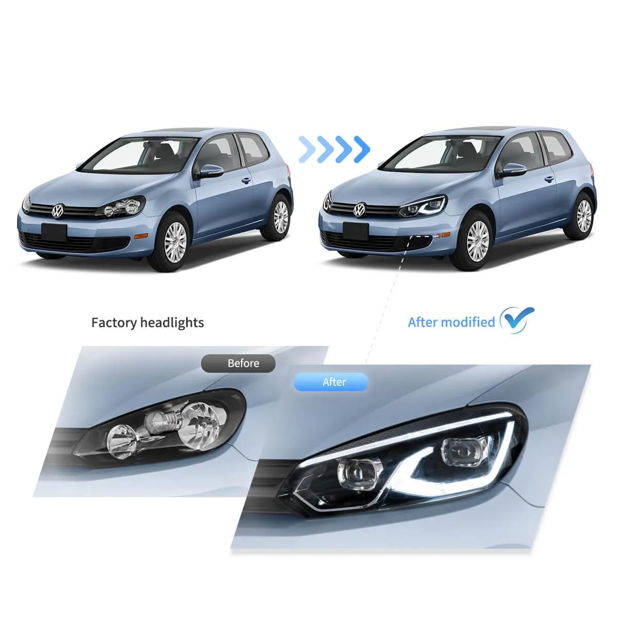LED Headlight Assembly Dual Beam Projector Black For 2008-2014 Volkswagen Golf 6th Gen (Mk6/A6 Typ 5K）