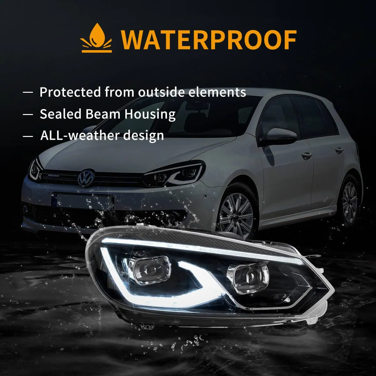 LED Headlight Assembly Dual Beam Projector Black For 2008-2014 Volkswagen Golf 6th Gen (Mk6/A6 Typ 5K）
