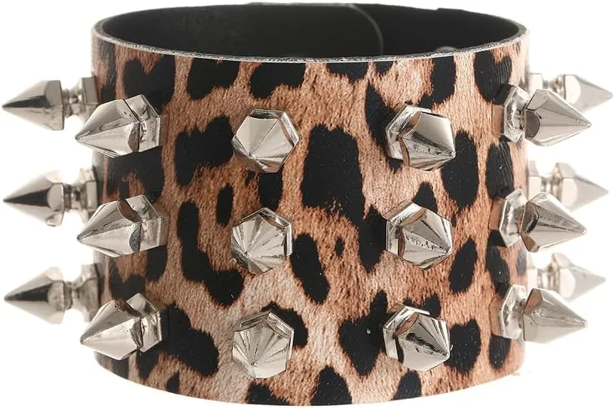 Leopard Spike Studded Leather Bracelet - Rock Punk Biker Wide Strap Leather Cuff Wristlets - Gothic Rivet Buckle Wristband
