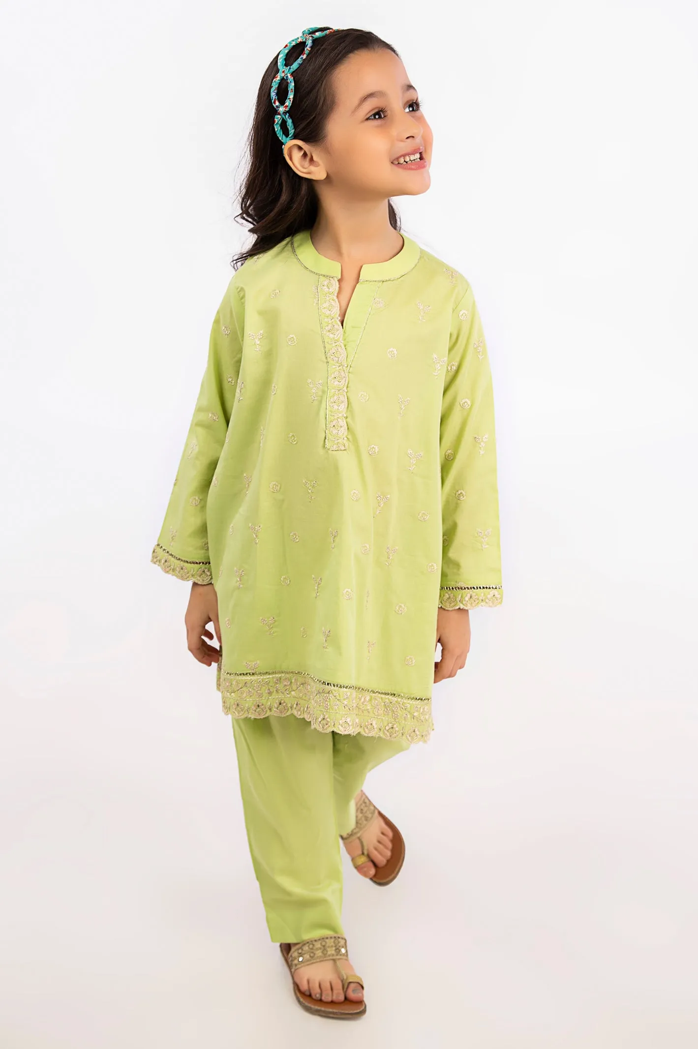 Light Green Cambric Girls 2PC Suit