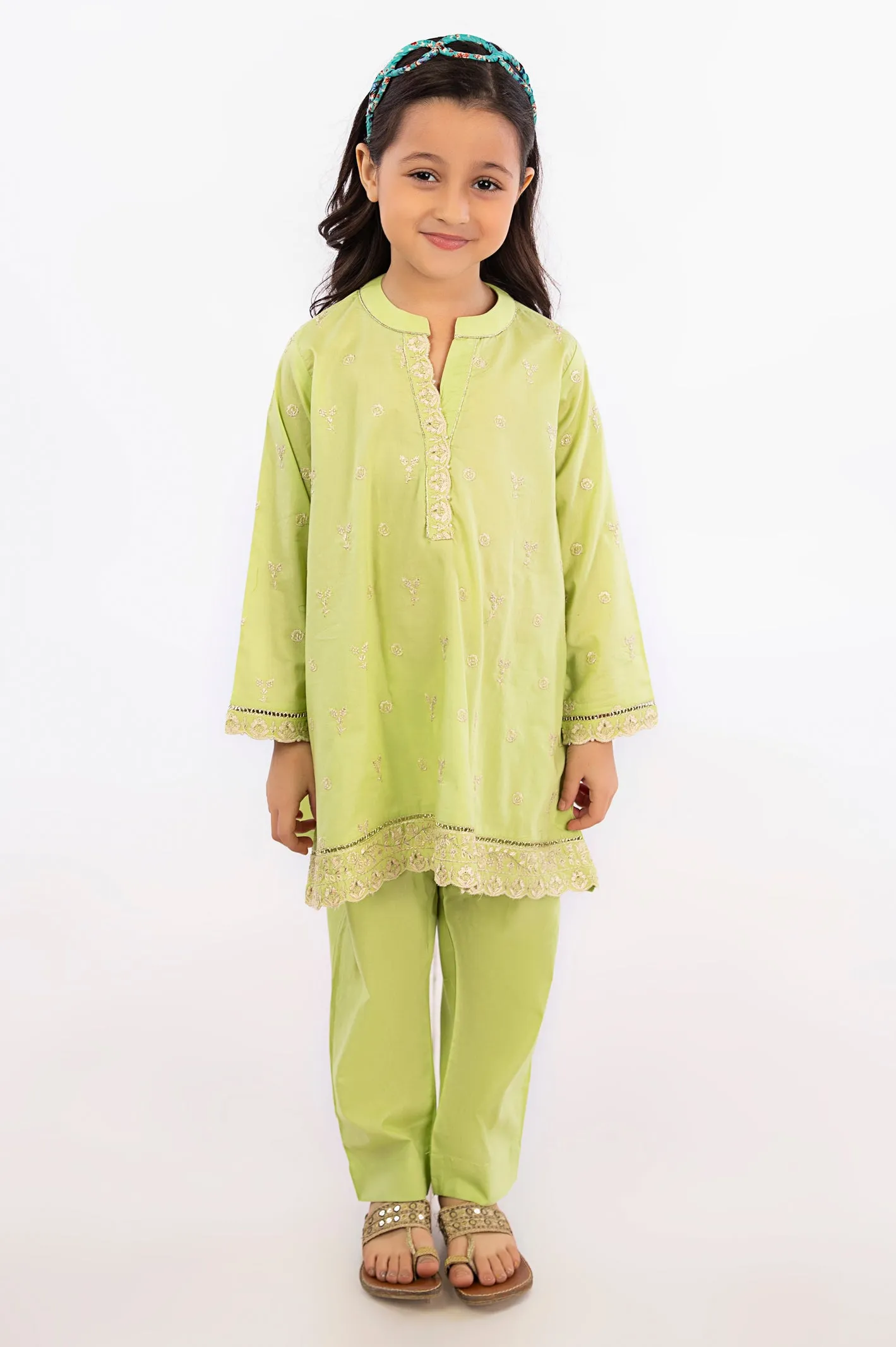 Light Green Cambric Girls 2PC Suit