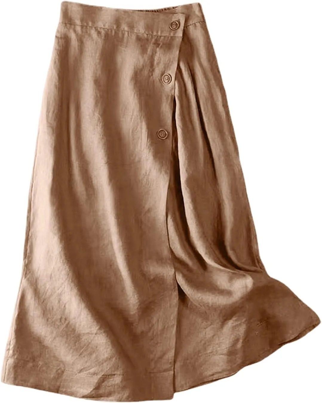Linen Skirts for Women Midi Length Casual Summer Elastic High Waist Boho Skirt A Line Button Front Vacation Outfits