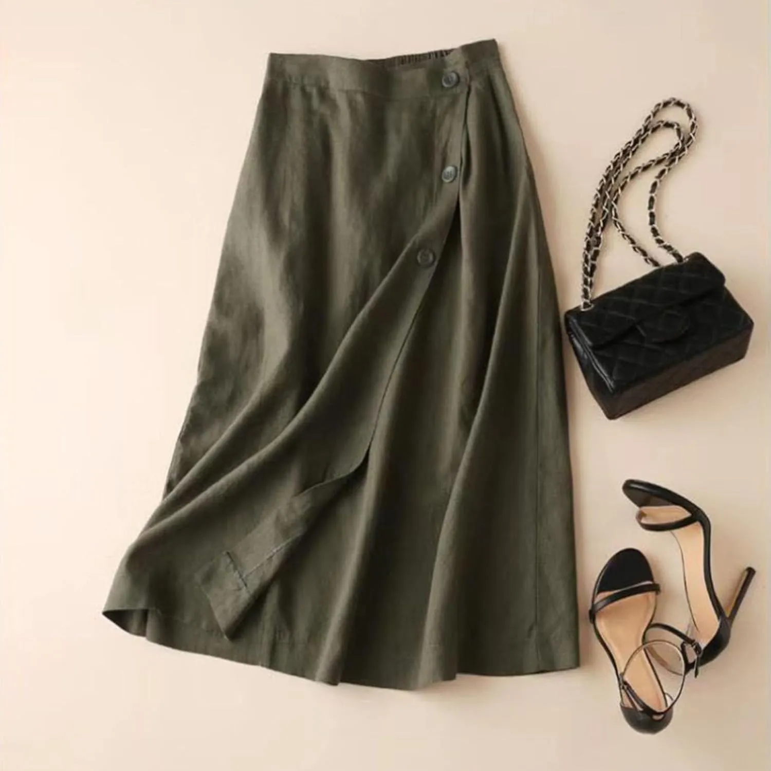 Linen Skirts for Women Midi Length Casual Summer Elastic High Waist Boho Skirt A Line Button Front Vacation Outfits