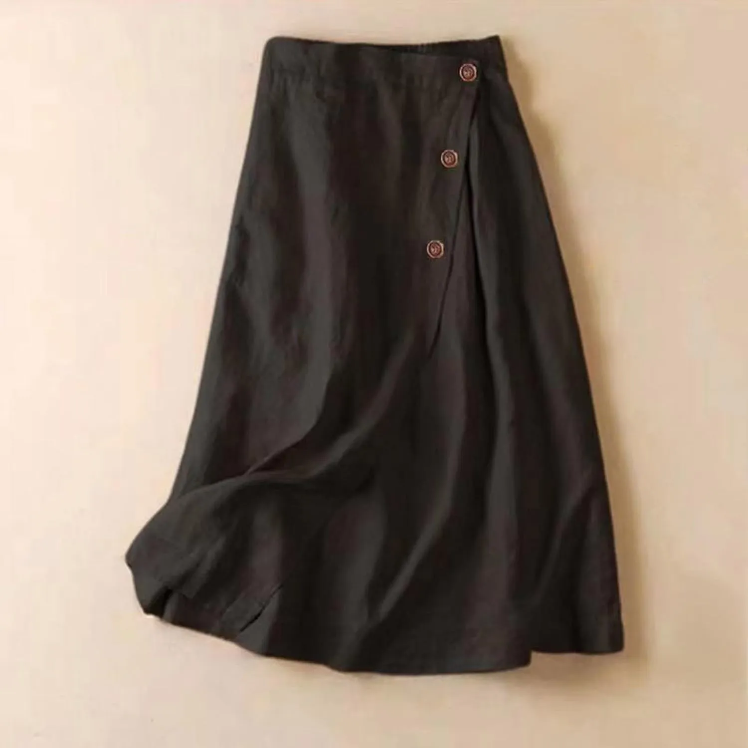 Linen Skirts for Women Midi Length Casual Summer Elastic High Waist Boho Skirt A Line Button Front Vacation Outfits