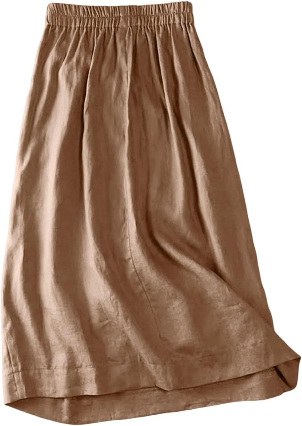 Linen Skirts for Women Midi Length Casual Summer Elastic High Waist Boho Skirt A Line Button Front Vacation Outfits