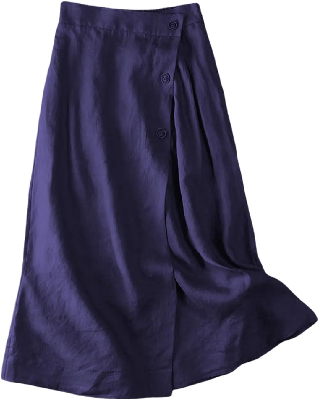 Linen Skirts for Women Midi Length Casual Summer Elastic High Waist Boho Skirt A Line Button Front Vacation Outfits