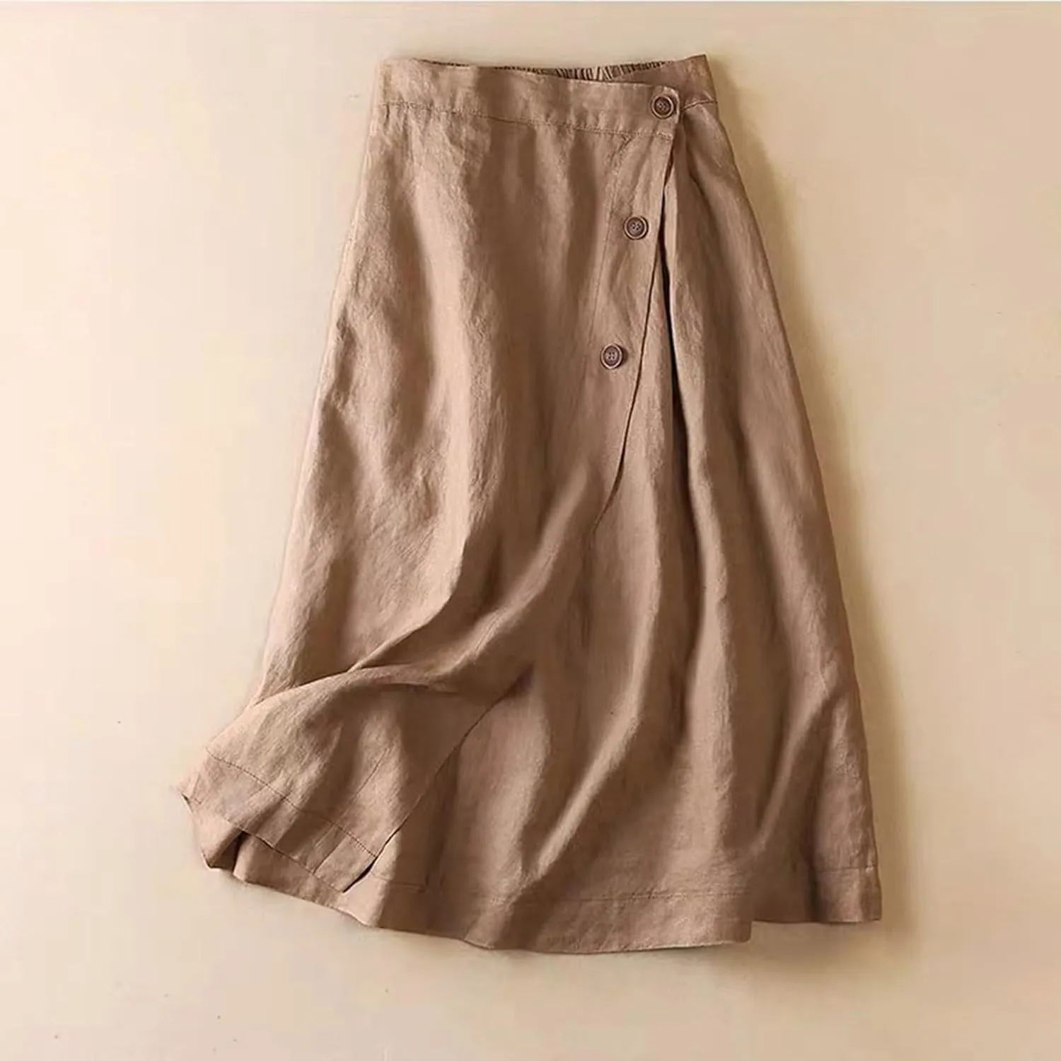 Linen Skirts for Women Midi Length Casual Summer Elastic High Waist Boho Skirt A Line Button Front Vacation Outfits
