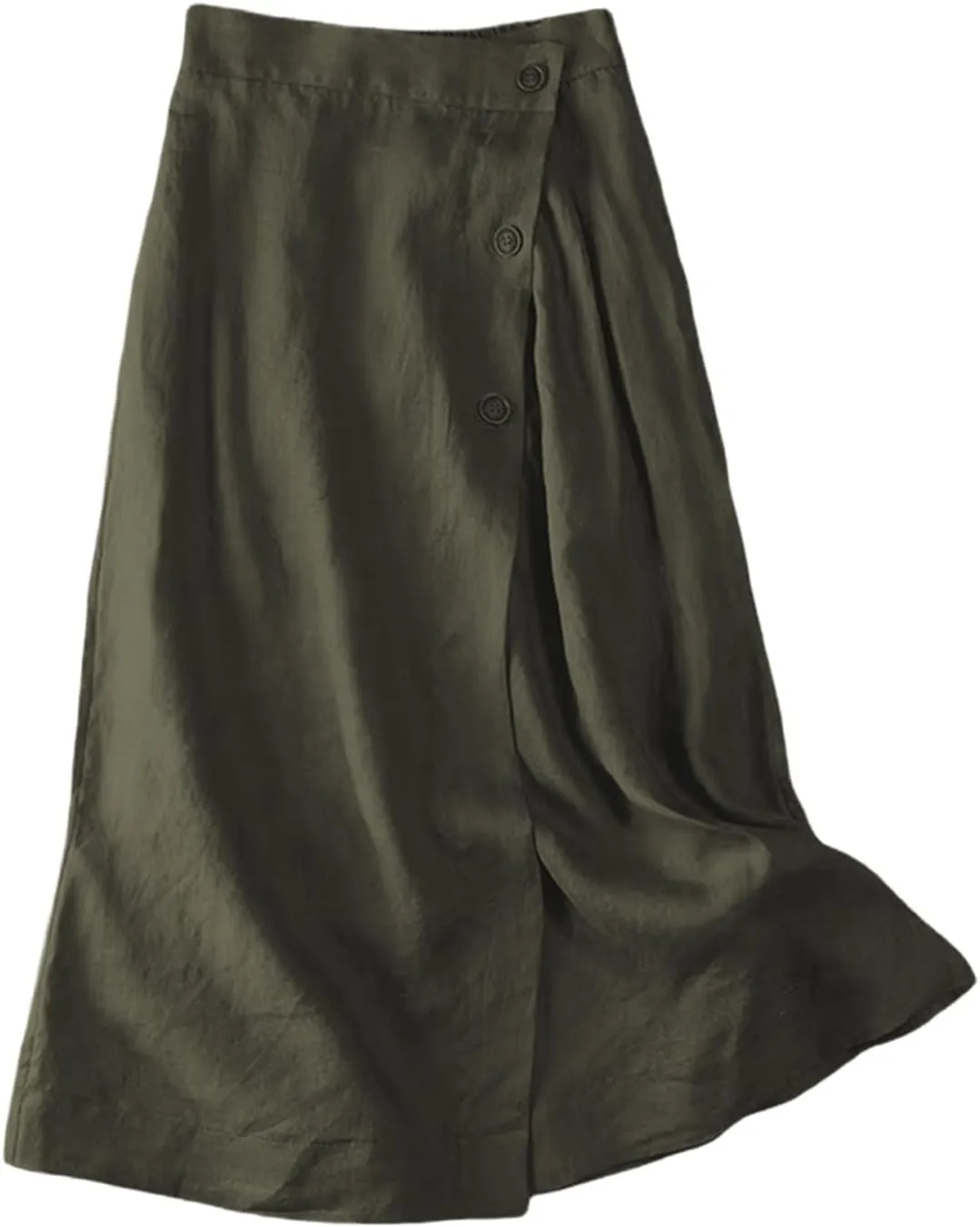 Linen Skirts for Women Midi Length Casual Summer Elastic High Waist Boho Skirt A Line Button Front Vacation Outfits