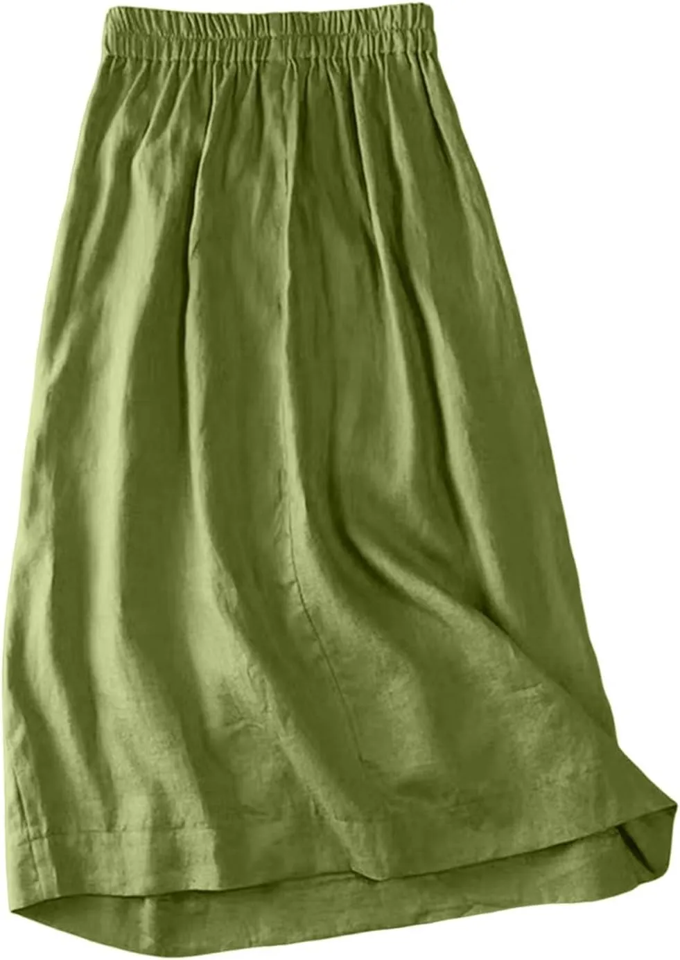 Linen Skirts for Women Midi Length Casual Summer Elastic High Waist Boho Skirt A Line Button Front Vacation Outfits