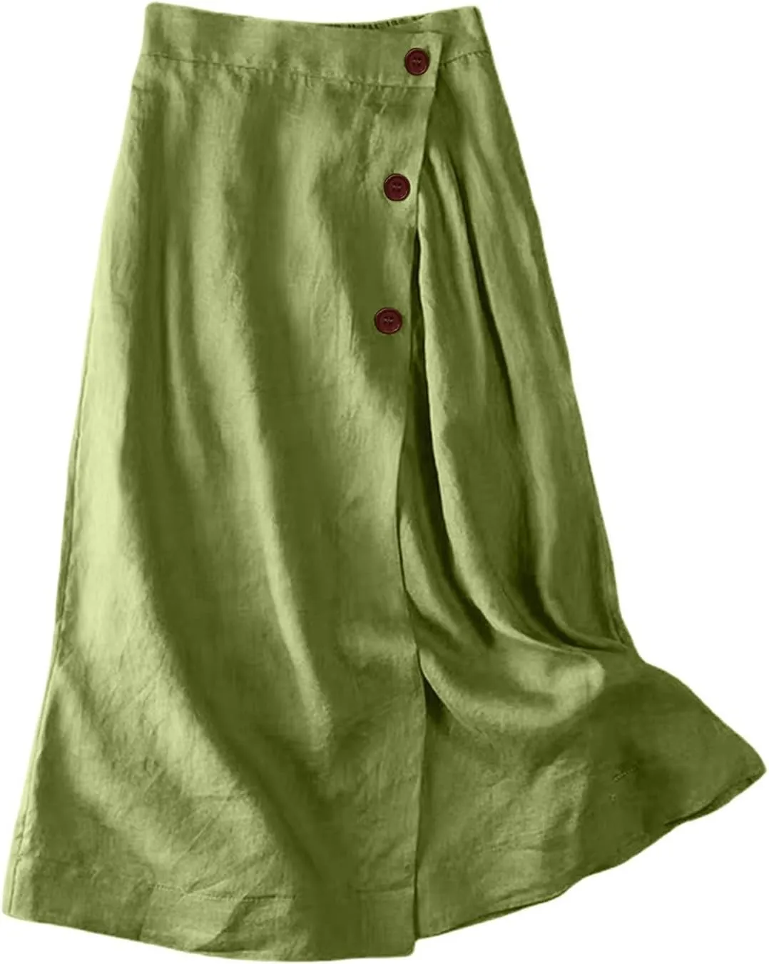 Linen Skirts for Women Midi Length Casual Summer Elastic High Waist Boho Skirt A Line Button Front Vacation Outfits