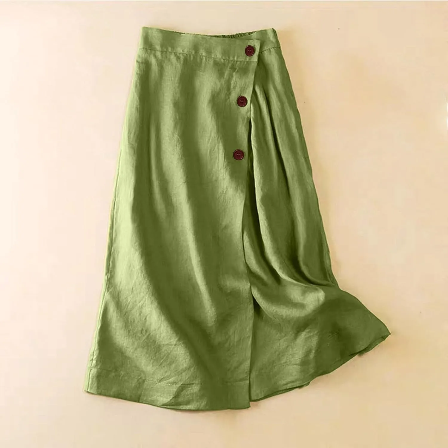 Linen Skirts for Women Midi Length Casual Summer Elastic High Waist Boho Skirt A Line Button Front Vacation Outfits