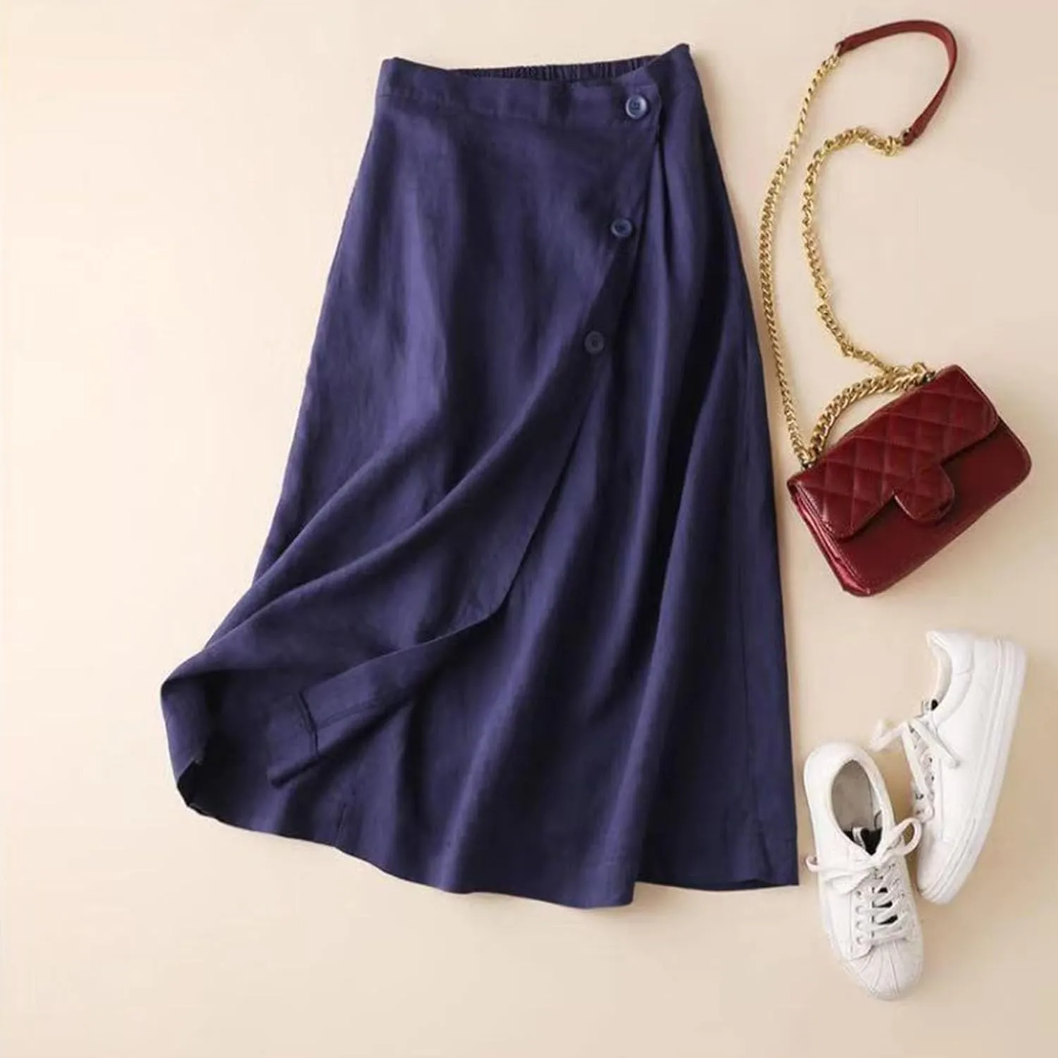 Linen Skirts for Women Midi Length Casual Summer Elastic High Waist Boho Skirt A Line Button Front Vacation Outfits