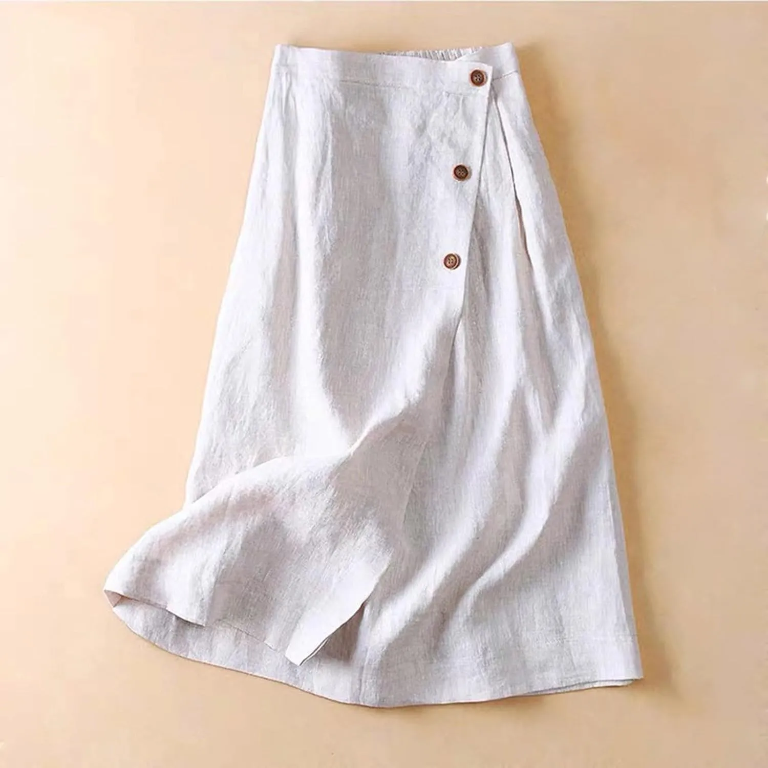 Linen Skirts for Women Midi Length Casual Summer Elastic High Waist Boho Skirt A Line Button Front Vacation Outfits