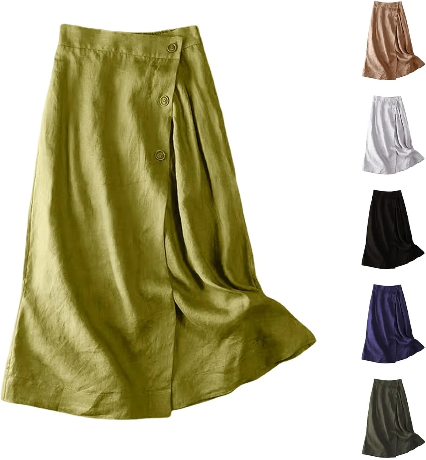 Linen Skirts for Women Midi Length Casual Summer Elastic High Waist Boho Skirt A Line Button Front Vacation Outfits