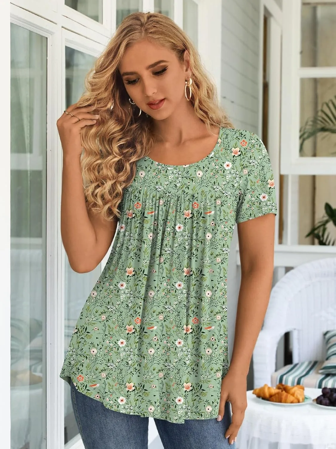 LONGYUAN Womens Tunic Tops 2025 Short Sleeve Shirts Summer Casual Tee Comfy Blouses S-4XL