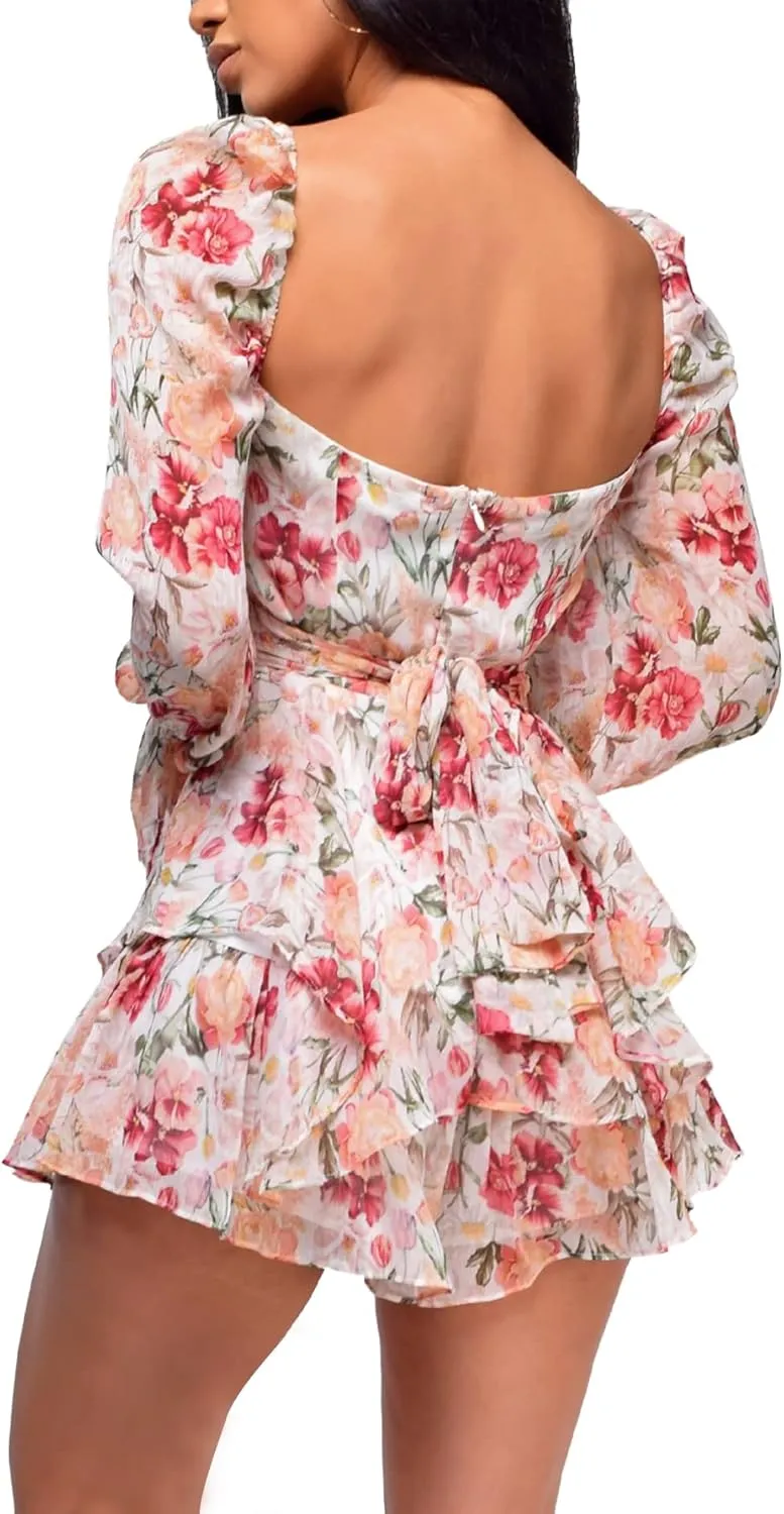 LYANER Women's Floral Print Off Shoulder Long Sleeve Ruffle Hem Romper Short Jumpsuit