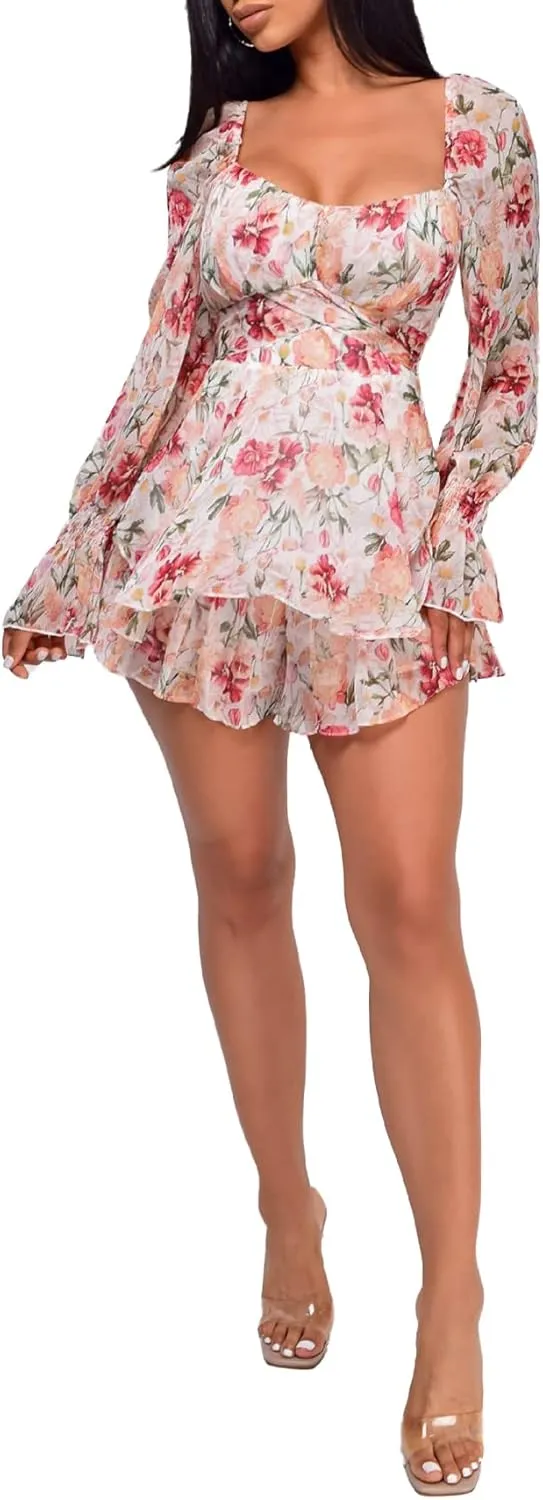 LYANER Women's Floral Print Off Shoulder Long Sleeve Ruffle Hem Romper Short Jumpsuit