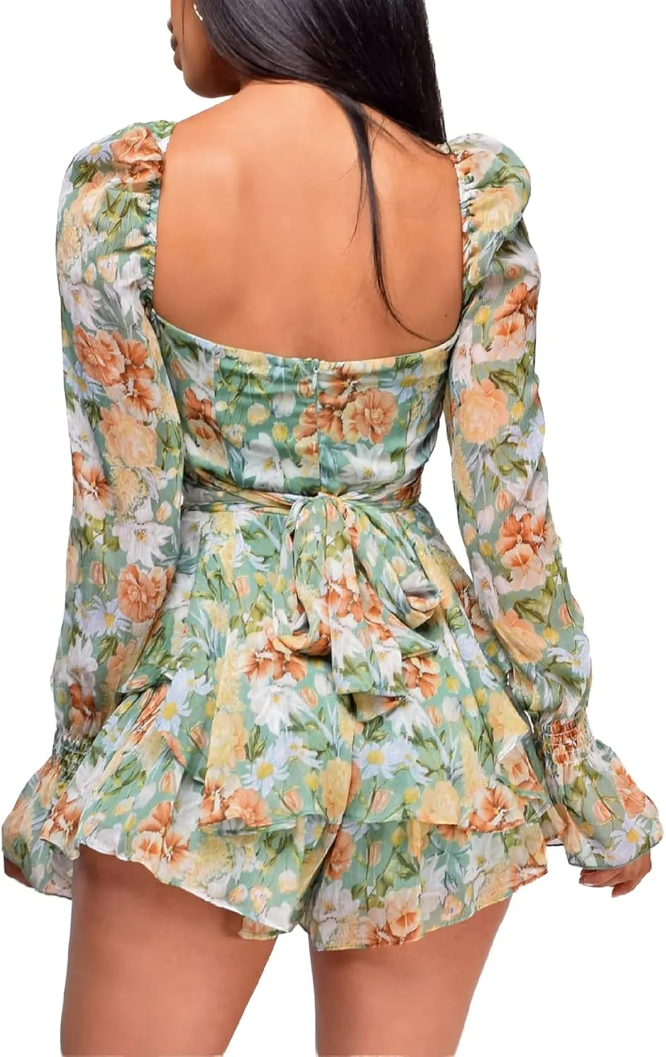 LYANER Women's Floral Print Off Shoulder Long Sleeve Ruffle Hem Romper Short Jumpsuit