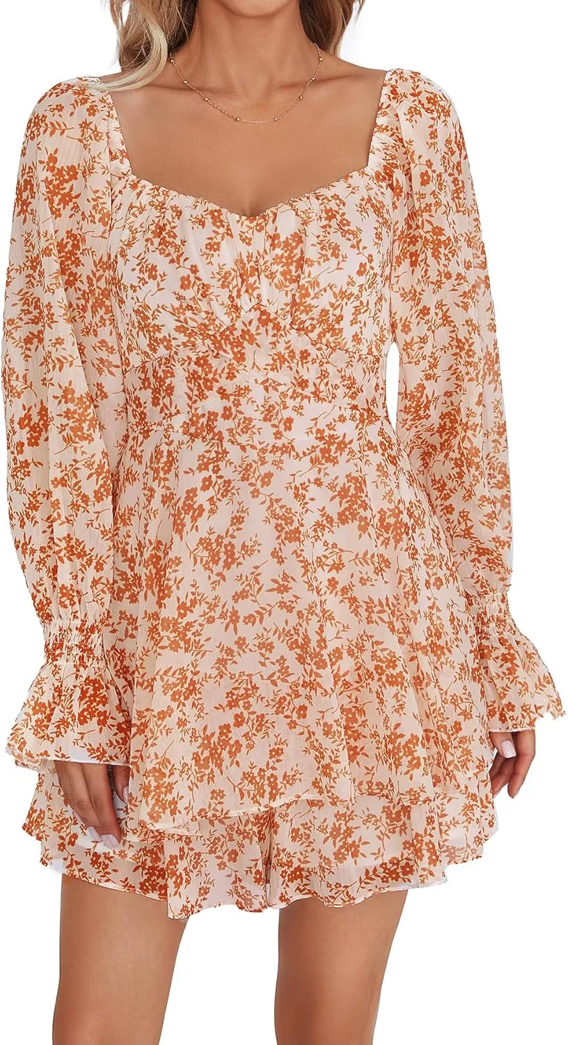 LYANER Women's Floral Print Off Shoulder Long Sleeve Ruffle Hem Romper Short Jumpsuit