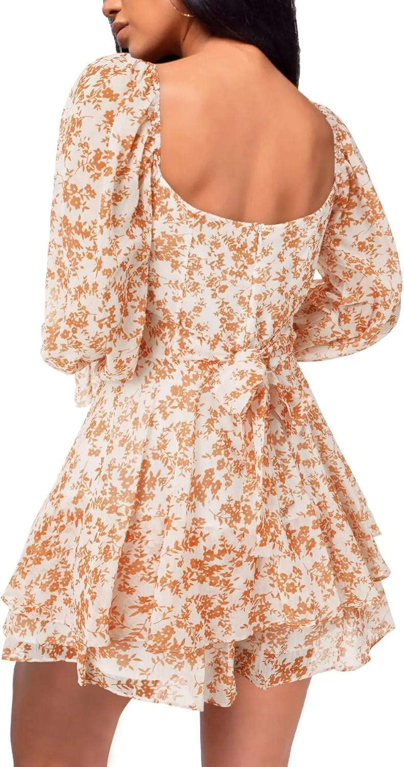 LYANER Women's Floral Print Off Shoulder Long Sleeve Ruffle Hem Romper Short Jumpsuit